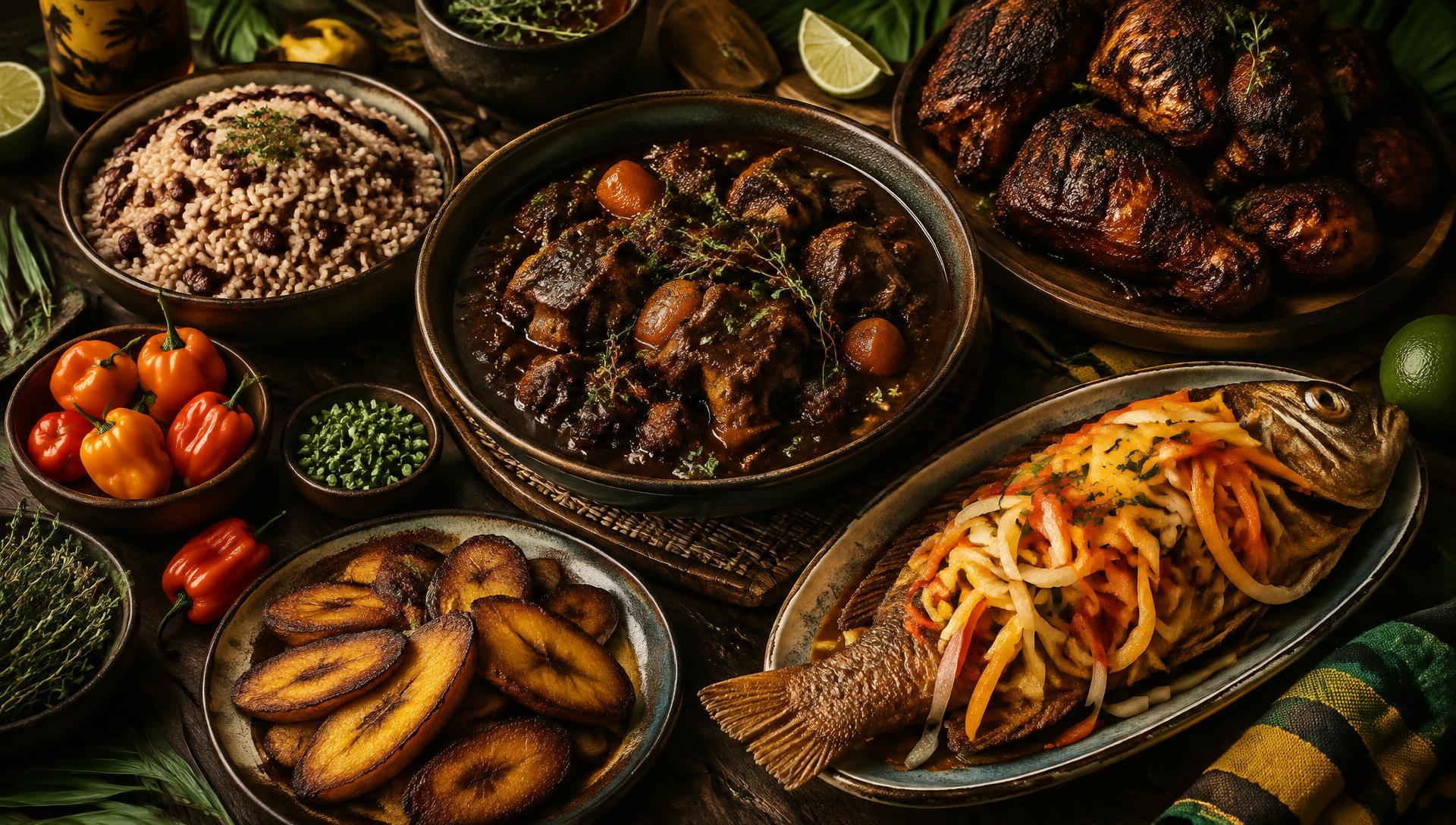Table garnie de plats caribéens